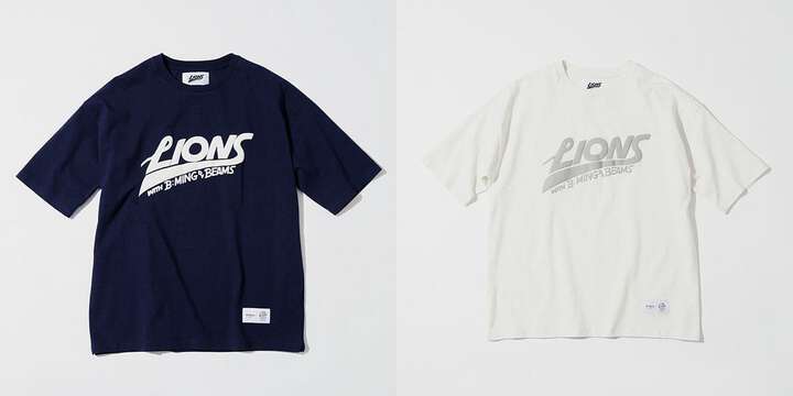 左から、[LIONS with B：MING by BEAMS]プロジェクト ロゴ Tシャツネイビー、ホワイト　（C）SEIBU Lions