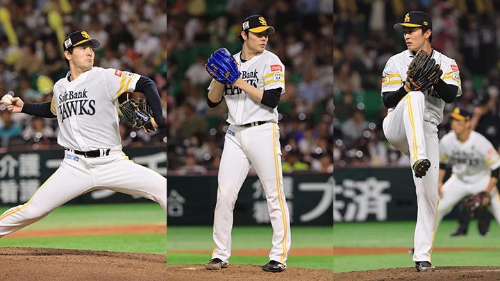 有原航平投手（左）、松本裕樹投手（中）、和田毅投手（右）【写真：球団提供】