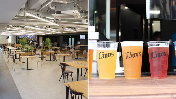 （写真左から）「グリーンフォレスト デリ＆カフェ」の内観、新発売するクラフトビール